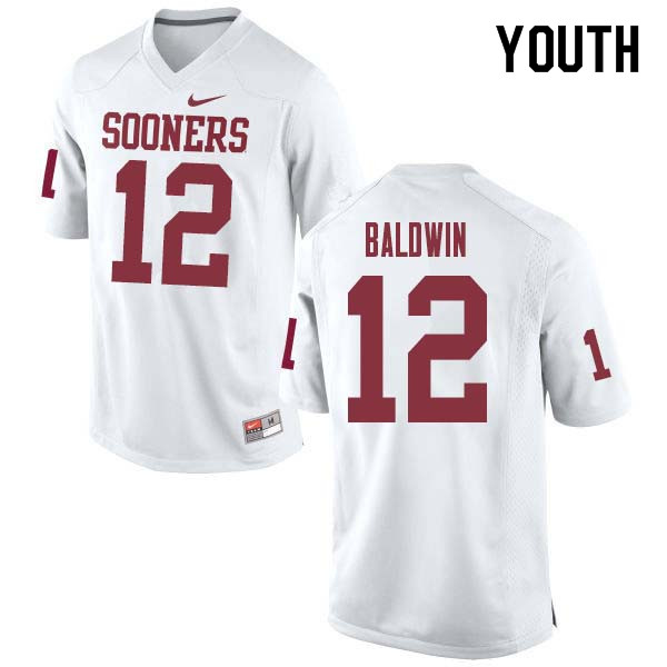 Youth #12 Starrland Baldwin Oklahoma Sooners College Football Jerseys Sale-White - Click Image to Close